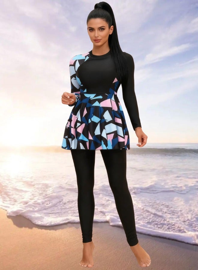 Fianser Burkini Swimwear 2-Piece Swimsuits Set Long Sleeve Full Cover Beachwear Modest Fashion Conservative Islamic Muslim Classic Arabic Clothing Sun UV Protection Diving Suit Surfing Suit Quick Dry Dress Swimming Costume Zipper Long Pants - Image 1
